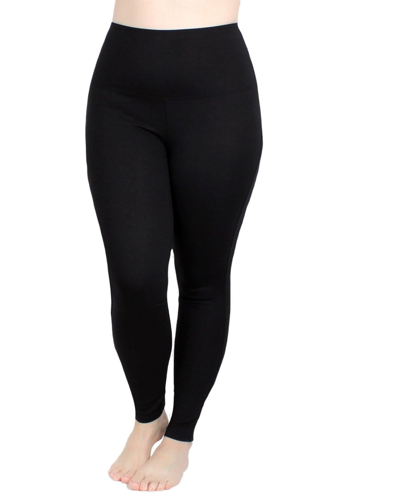 Front of a model wearing a size L High Waist Ponte Legging in Black by Undersummers. | dia_product_style_image_id:243488